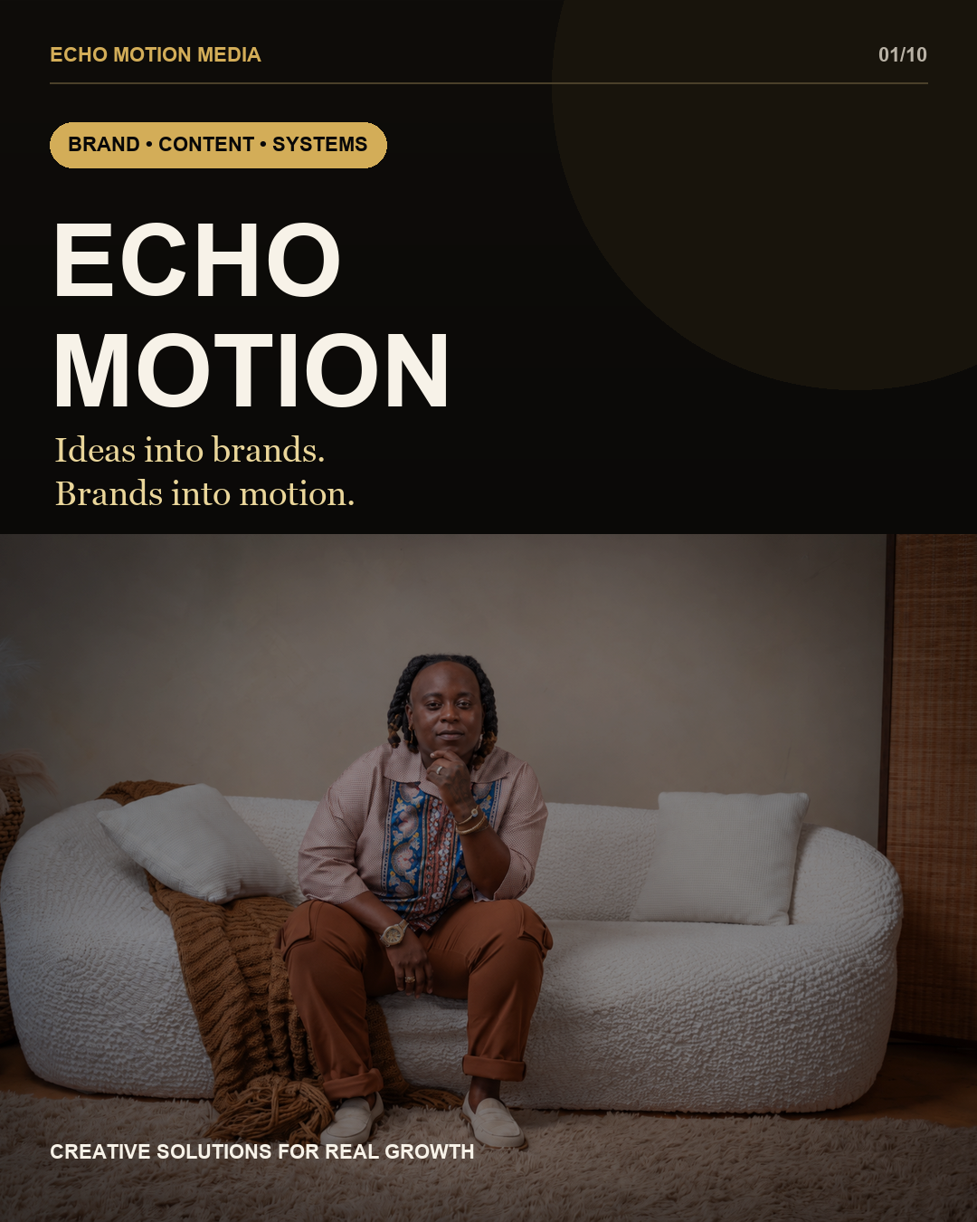 Echo Motion brand introduction carousel with Kayden’s portrait